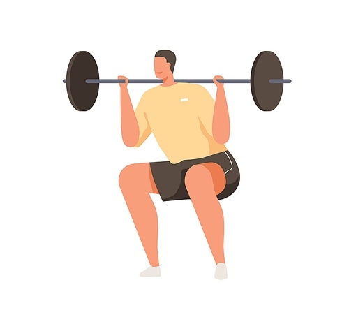 Strong man with bending knees doing high bar squat, lifting barbell. Strength exercise with added weight. Weightlifter's workout. Colored flat vector illustration isolated on white .