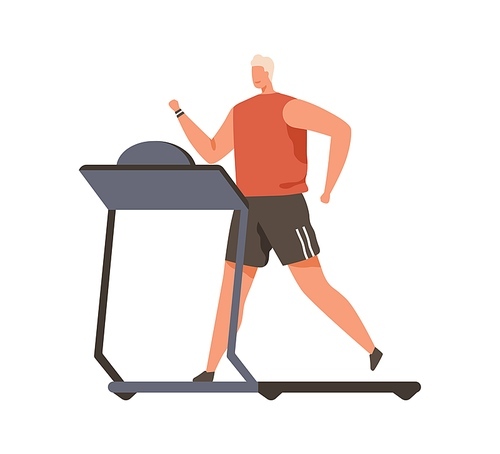 Person running on treadmill. Young man during cardio workout on gym equipment. Runner exercising on sports machine. Jogger training in sportswear. Flat vector illustration isolated on white .