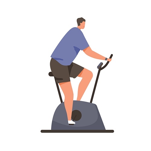 Man cycling on stationary bicycle. Person in sportswear training his endurance on bike equipment. Cardio workout on gym machine. Flat vector illustration of guy exercising isolated on white .