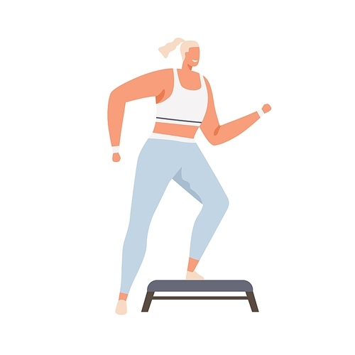 Woman doing step aerobics exercises on stepper platform. Cardio fitness. Person training endurance. Female character working out. Colored flat vector illustration isolated on white .