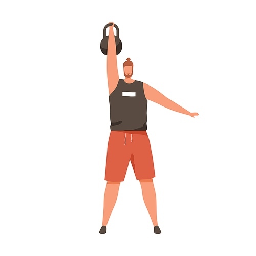 Strong man training with heavy kettlebell, lifting it up with hand. Athlete working out with added weight. Powerlifter exercising. Colored flat vector illustration isolated on white .