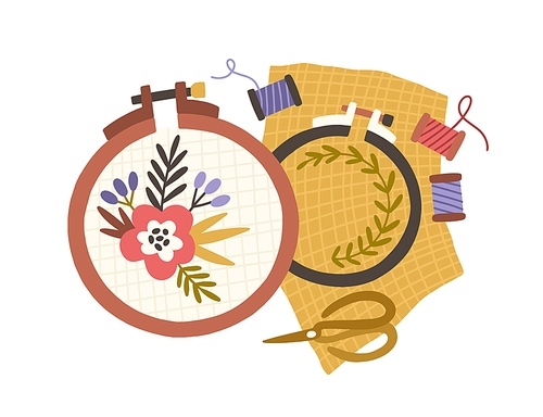 Embroidery hoops, spools of threads and scissors. Handmade needlework on canvas in frame rings. Needlecraft art. Flat vector illustration of hand-made handicraft isolated on white .