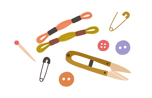 Set of sewing accessories and repair tools. Skeins of thread, embroidery floss, safety pins, buttons, cutter and nipper for handcraft. Flat vector illustration of handicraft supplies isolated on white.