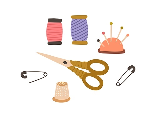 Set of sewing accessories. Thread spools, pad with pins, scissors and thimble. Tailor's supplies for needlework. Flat vector illustration of items for handicraft isolated on white .
