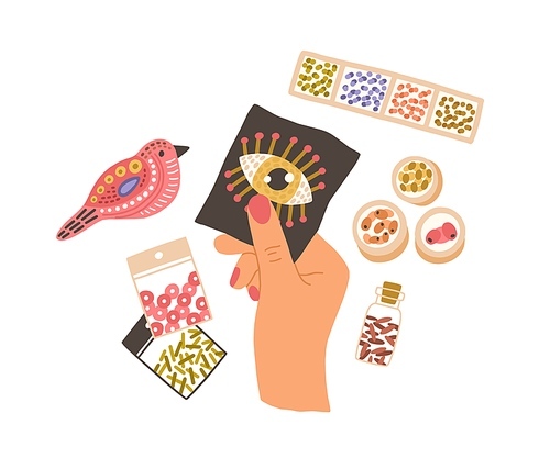 Handmade bead craft on canvas in female hand. Embroidery and jewelry from colorful items. Packs, containers, storage boxes for handicraft stuff. Flat vector illustration isolated on white .