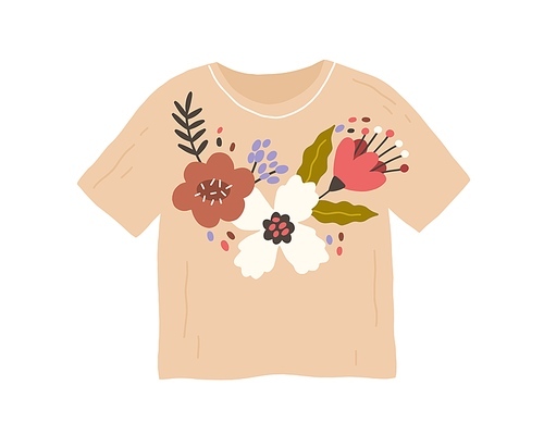 Trendy fashion clothes with handmade flower embroidery in retro style. Customized t-shirt with DIY pattern. Flat vector illustration of unique apparel with needlework isolated on white .