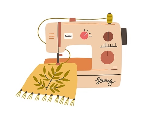 Modern embroidery machine with thread spool embroidering on canvas. process of needlework creation on sewing equipment. Flat vector illustration of fancywork isolated on white .