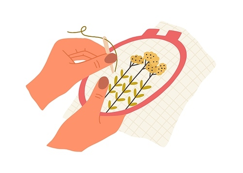 Hand with needle and thread embroidering flowers on canvas in embroidery hoop. Creation of handmade needlework in frame rings. Flat vector illustration of DIY needlecraft isolated on white.