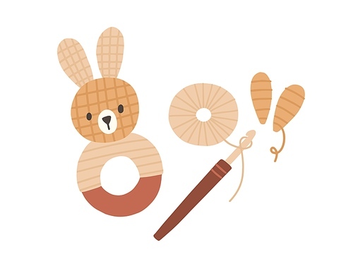 Pom-pom animal toy, yarn, threads and crochet hook. Process of making cute pompom bunny. Composition with handwork and handicraft accessories. Flat vector illustration isolated on white .