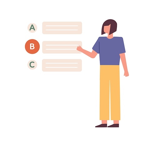 Female student passing test, and choosing wrong answer. Woman making mistake or error during exam. Education concept. Colored flat vector illustration isolated on white .
