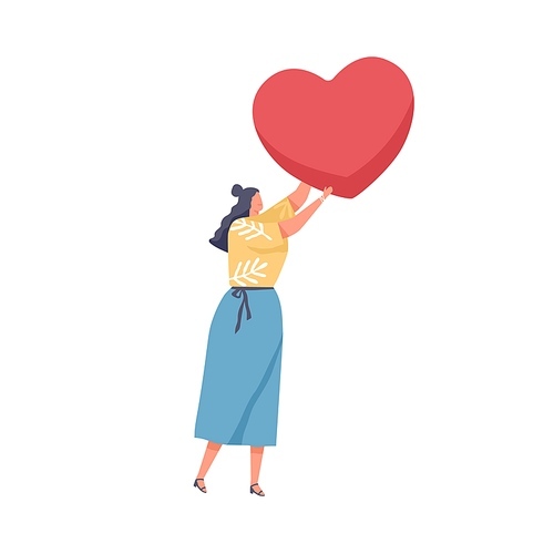 Human holding big red heart in hand as symbol of love. Concept of charity, hope, solidarity and compassion. Woman helping and donating. Colored flat vector illustration isolated on white .