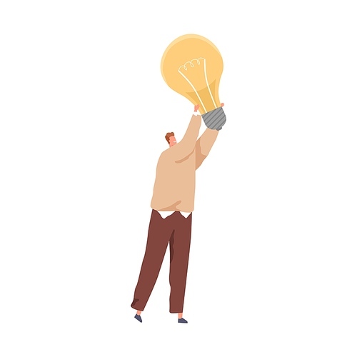 Person holding huge lightbulb as symbol of creative idea. Businessman and light bulb. Concept of creativity, insights, and inspiration. Colored flat vector illustration isolated on white .