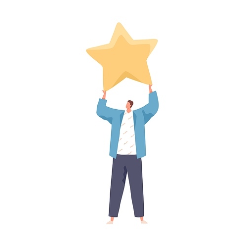 Satisfied client holding star, giving feedback and service review. Concept of positive customer experience, rating and ranking. Colored flat vector illustration isolated on white .