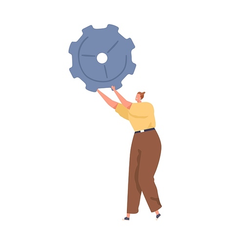 Person holding metal gear in hands as symbol of personal settings. Woman with cogwheel. Concept of technical works, repair and maintenance. Flat vector illustration isolated on white .