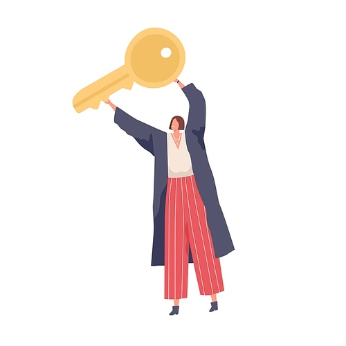 Person holding big golden key to success in hands. Concept of finding solution, solving business problems. Woman with security symbol. Colored flat vector illustration isolated on white .