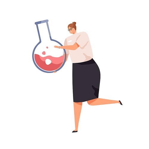 Tiny female scientist with big glass flask. Chemistry and chemical lab research concept. Chemist with laboratory equipment. Colored flat vector illustration of researcher isolated on white .