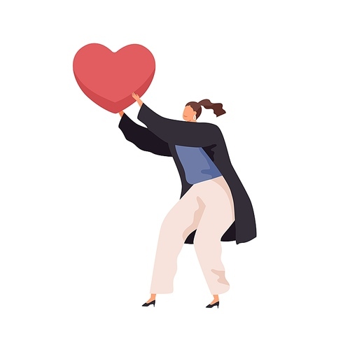 Tiny person holding big heart in hands as symbol of love and support. Concept of charity, donation, solidarity and human empathy. Colored flat vector illustration isolated on white .