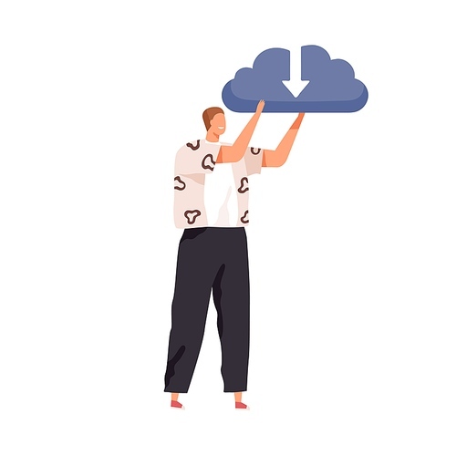 Happy person holding big cloud with arrow as symbol of online storage service. Data download and upload concept. Colored flat vector illustration of internet archive isolated on white .