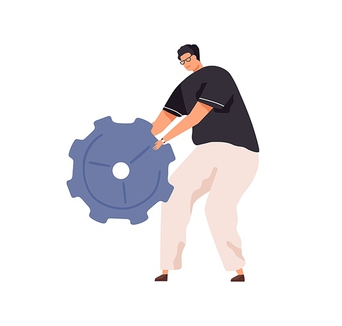 Person with big cogwheel in hands as symbol of technical works. Man holding metal gear. Concept of configuration settings and maintenance. Colored flat vector illustration isolated on white .