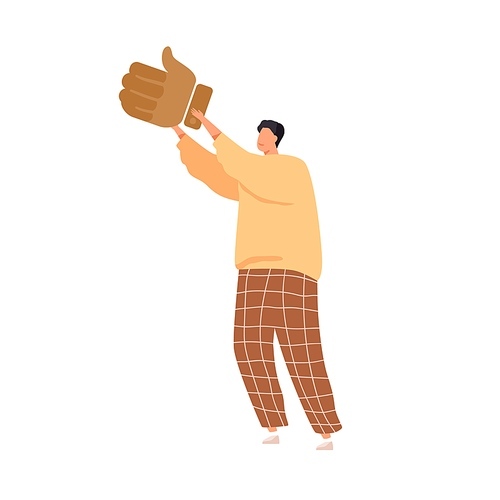 Person like and agree with smth., showing thumb up. Concept of positive feedback, support and approval. Yes and OK symbol in male hands. Flat vector illustration isolated on white .