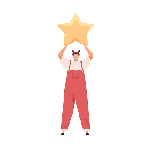 Tiny satisfied client giving feedback, holding golden star. Good rating, service assessment and positive customer experience concept. Colored flat vector illustration isolated on white .