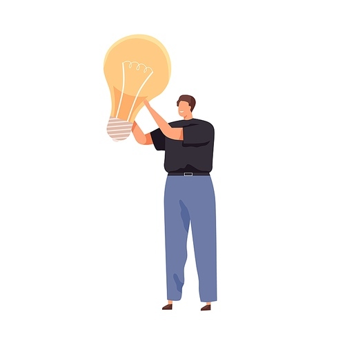 Tiny person with big light bulb as symbol of creative idea. Man and lightbulb. Concept of creativity, solving problems, finding answers. Colored flat vector illustration isolated on white .