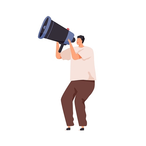 Person announcing important information with megaphone. Invitation, announcement, notification or warning concept. Man speaking with loudspeaker. Flat vector illustration isolated on white .