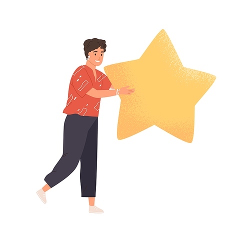 Customer with golden star in hands giving feedback and review of products and service. Satisfied client rating or voting in online app. Colored flat vector illustration isolated on white .