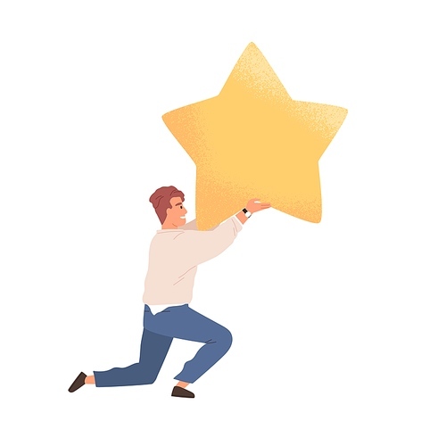 Happy customer giving golden star for good products and service. Concept of positive feedback and review. Client rating app or website in survey. Colored flat vector illustration isolated on white.