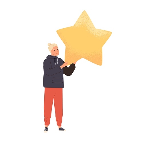 Customer giving positive feedback and review of services. Client rating app or website with golden star. Online appraisal concept. Colored flat graphic vector illustration isolated on white .
