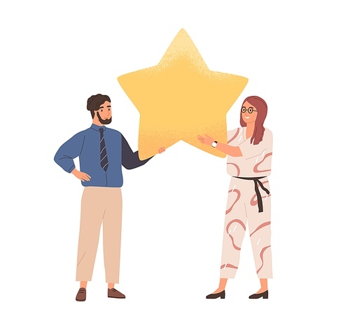 Couple of customers giving feedback and review of products and services. Clients rating app or website with star. Online assessment concept. Colored flat graphic vector illustration isolated on white.