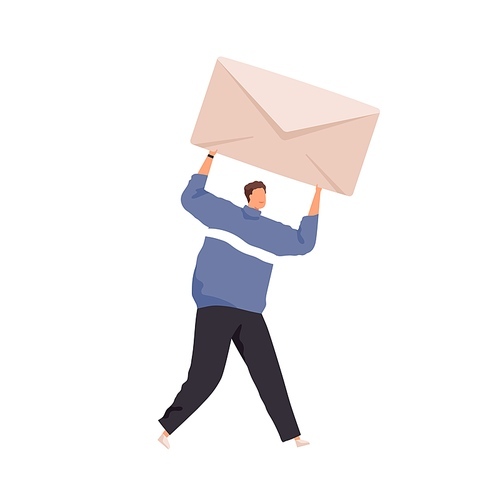 Tiny person holding big closed envelope with paper letter. Concept of email message sending and receiving. Man delivering mail. Flat vector illustration isolated on white .