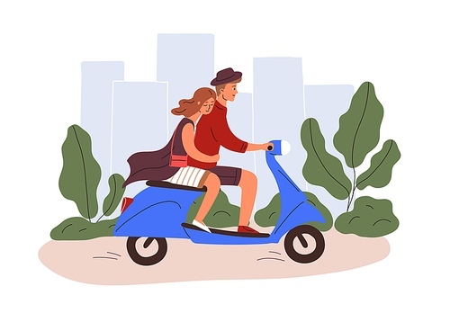 Romantic couple riding a scooter. Young man and woman traveling by motorcycle together in summer. Guy driving moped. Colored flat vector illustration isolated on white .