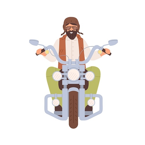 Happy bearded man sitting on naked bike in retro style. Front view of biker traveling on motorcycle. Colored flat vector illustration of person in helmet on motorbike isolated on white .