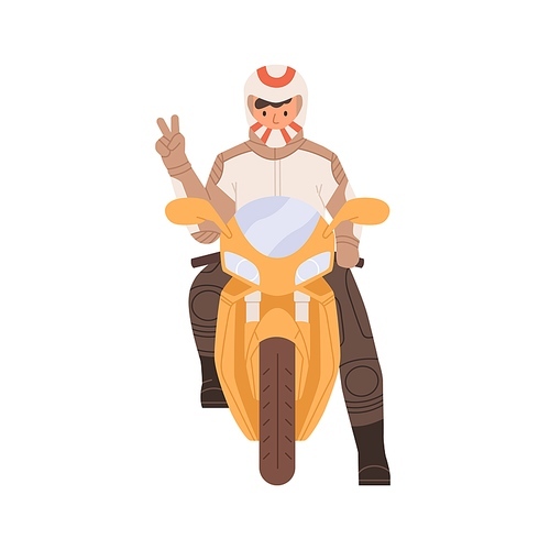 Professional biker in equipment and helmet sitting on modern sportbike. Portrait of man on motorcycle. Colored flat vector illustration of sports bike driver isolated on white .