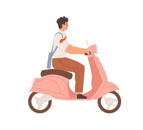 Happy man sitting on modern motor scooter. Side view of businessman in shirt and tie driving moped. Flat vector illustration of office worker on motorbike isolated on white .