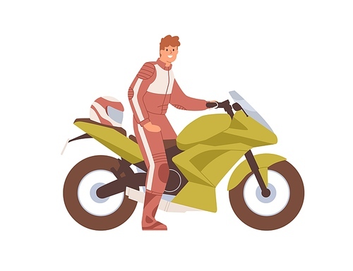 Happy biker in professional equipment sitting on modern sportbike. Smiling man on sports bike. Human and motorcycle. Flat vector illustration of motorcyclist on motorbike isolated on white .