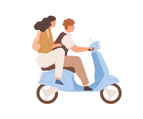 Happy love couple traveling on modern motor scooter together. Side view of man driving moped and woman holding her boyfriend. Flat vector illustration of people on bike isolated on white .