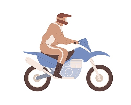 Biker in helmet riding naked moto bike. Man in equipment driving motorcycle. Side view of human on motorbike. Flat vector illustration of driver isolated on white .