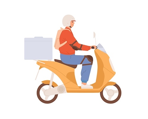 Courier in helmet driving moped with delivery box. Man delivering smth. on motor scooter. Guy riding motorbike. Flat vector illustration of person sitting on bike isolated on white .