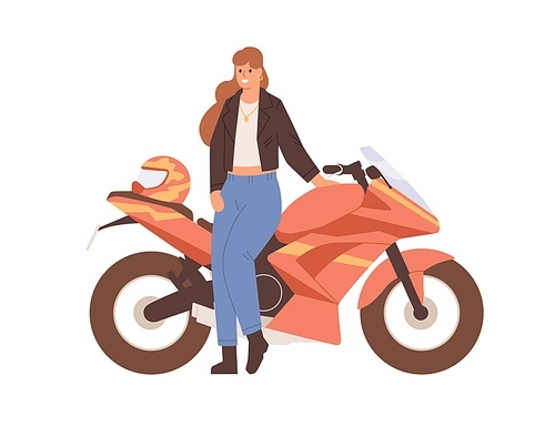 Young female biker posing near motor bike. Woman standing by modern motorcycle. Happy motorcyclist and motorbike. Portrait of human with sportbike. Flat vector illustration isolated on white.