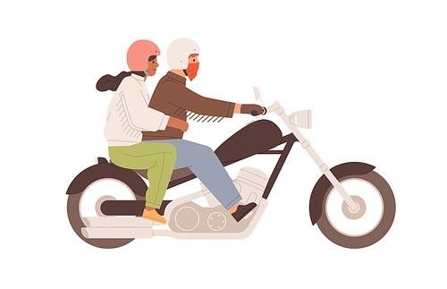 Love couple on motorcycle together. Man in helmet driving chopper with woman hugging him behind. Colored flat vector illustration of happy people on motorbike isolated on white .