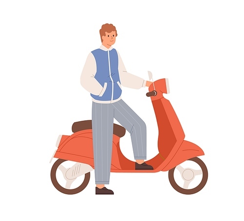 Young man standing by motor scooter. Guy posing near modern moped. Portrait of motorbike driver. Happy bike rider. Flat vector illustration of human and city transport isolated on white .