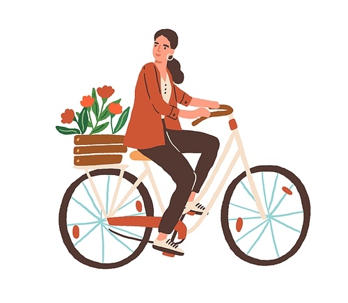 Young woman riding city bicycle in retro style with wooden box of spring flowers. Cycling female character isolated on white . Hand-drawn colored flat vector illustration.