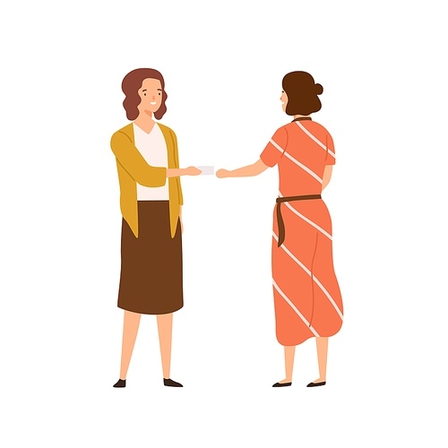 Woman hr giving business card to female vector flat illustration. Two person exchanging contacts for future partnership isolated. Businesswoman having friendly meeting with employee candidate.