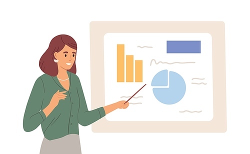 Female speaker pointing at presentation on white board during business seminar. Office worker showing report at whiteboard with pointer. Isolated flat graphic vector illustration of woman at flipchart.