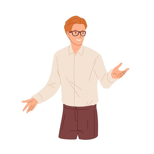 Happy young man presenting and explaining smth. Confident smiling businessman in eyeglasses gesturing with hands during presentation. Colored flat vector illustration isolated on white .