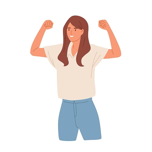 Winning gesture of happy confident woman expressing positive emotion. Successful smiling female character showing strength with fists up. Colored flat vector illustration isolated on white .