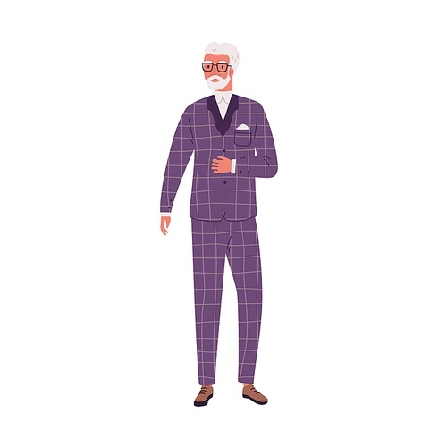 Aged modern man wearing stylish suit. Elderly male character standing in fashionable costume. Flat vector illustration of old bearded businessman in glasses. Trendy confident person isolated on white.