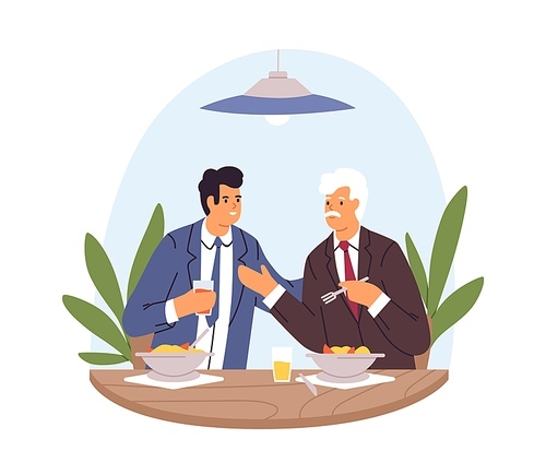 People in suits eating and talking at business lunch. Businessmen at meeting in restaurant. Office workers at dinner in cafe. Colored flat vector illustration isolated on white .